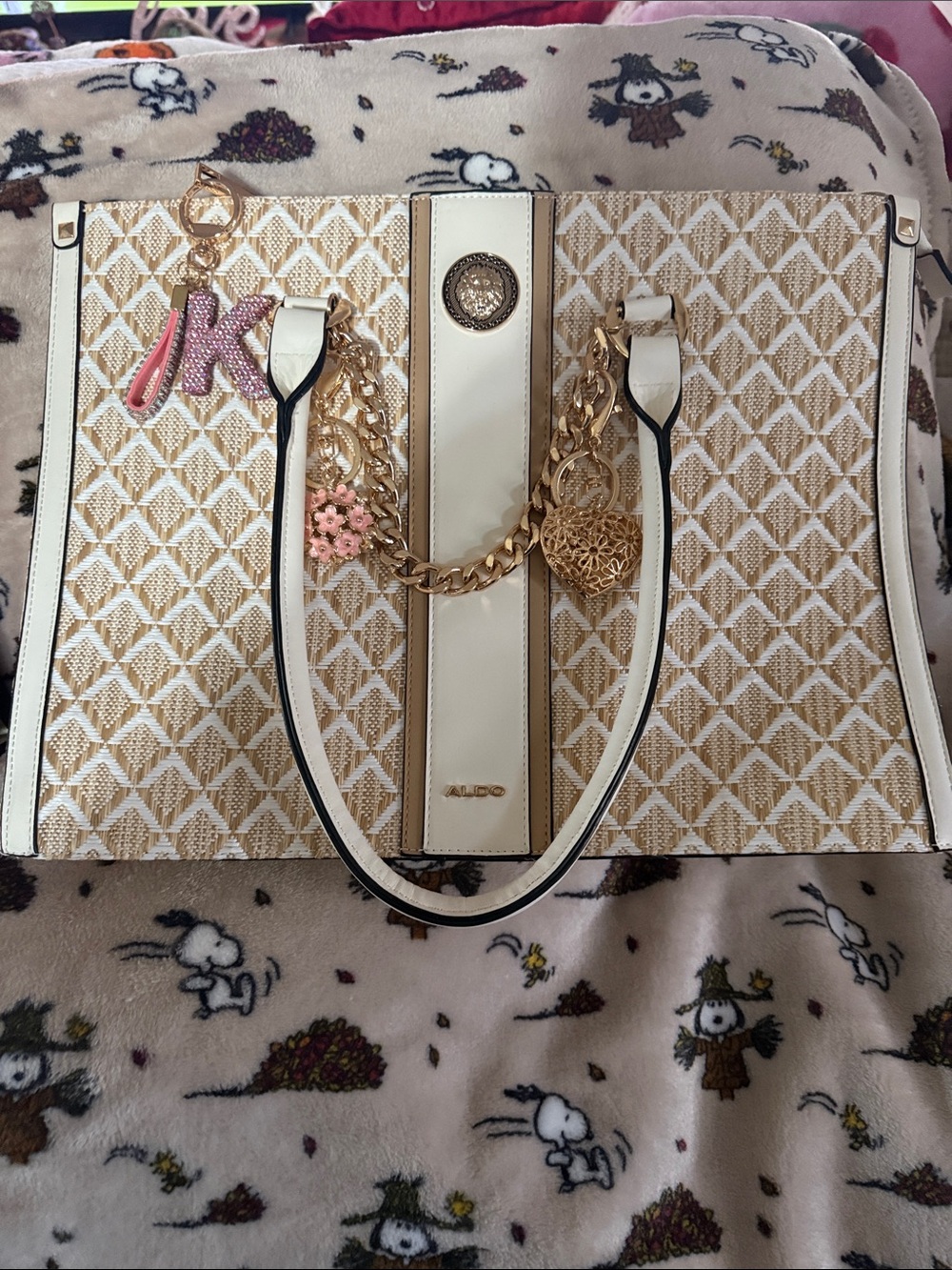 Aldo Cream & Beige Woven Tote with Gold Hardware and Charm Accents